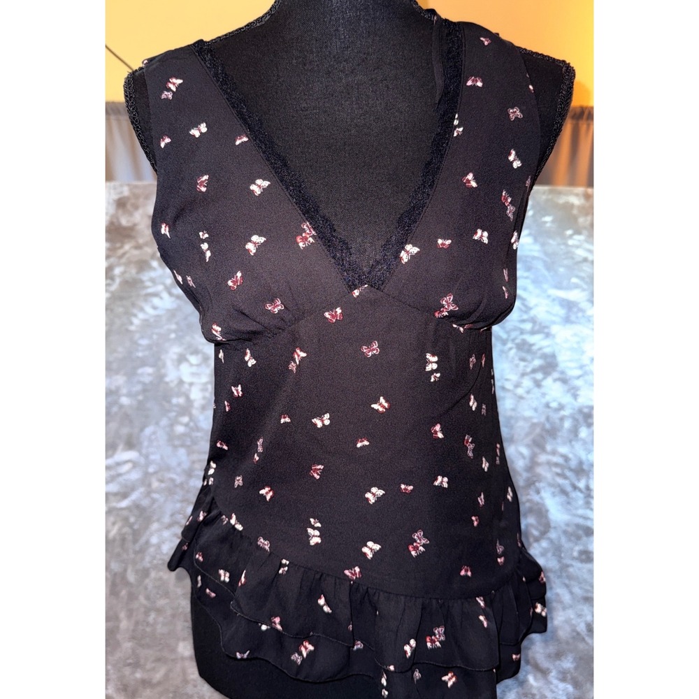 Wild Fable Butterfly Camisole Women XS Black NEW Lace Trim Ruffle Hem Tie Back
